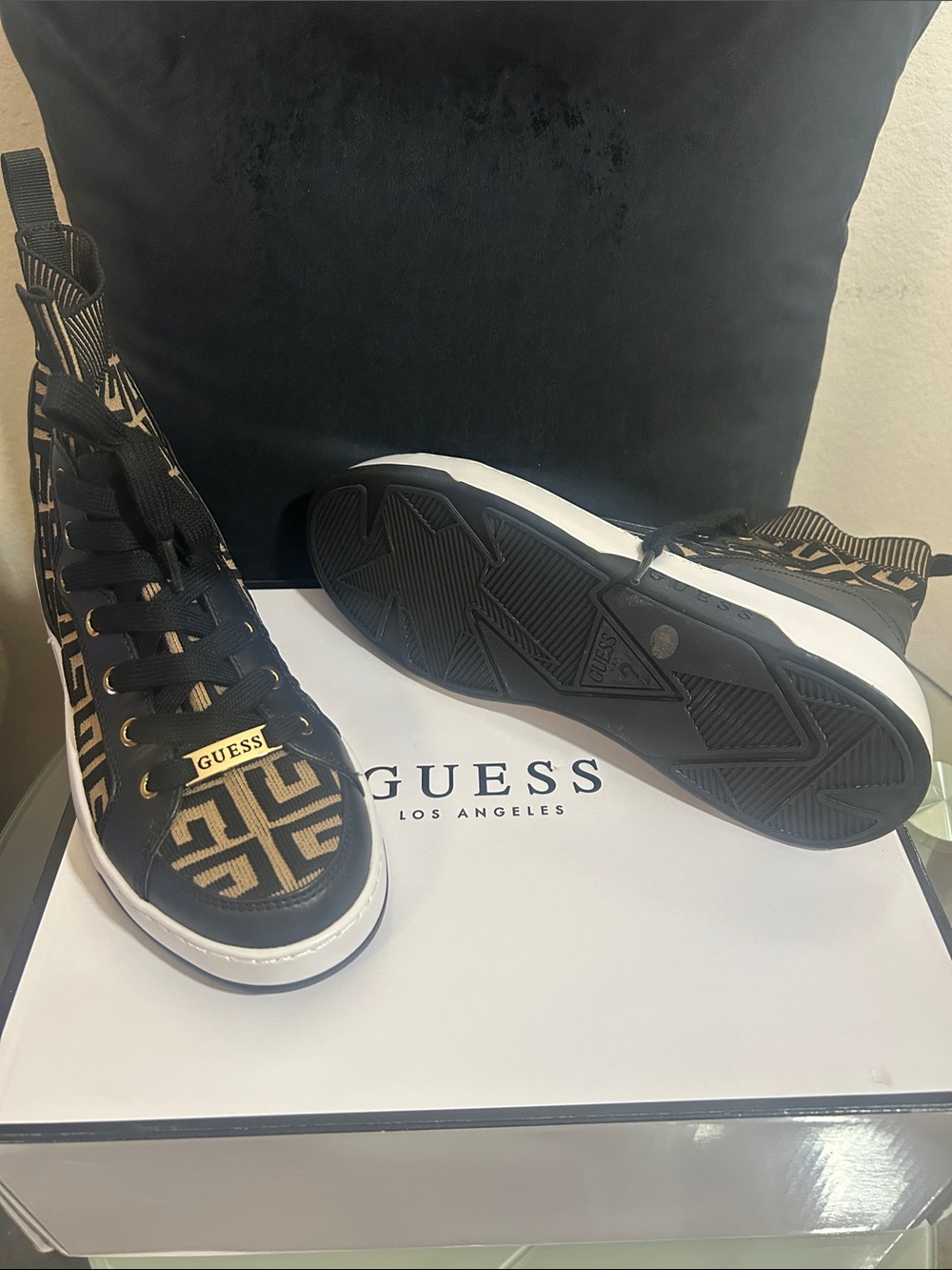 Guess Black and Gold Monogram High-Top Sneakers